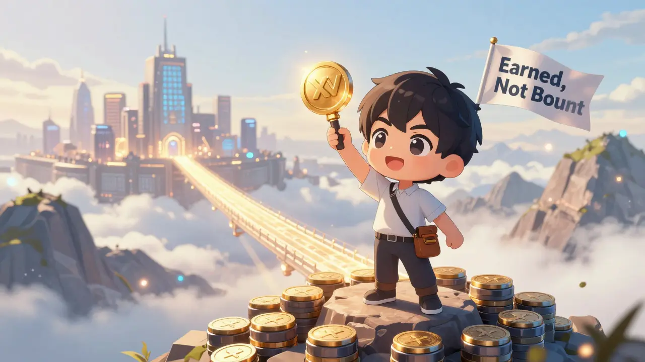 Chibi hero standing on NFT mountain holding XCV token, bridge leading to governance city.