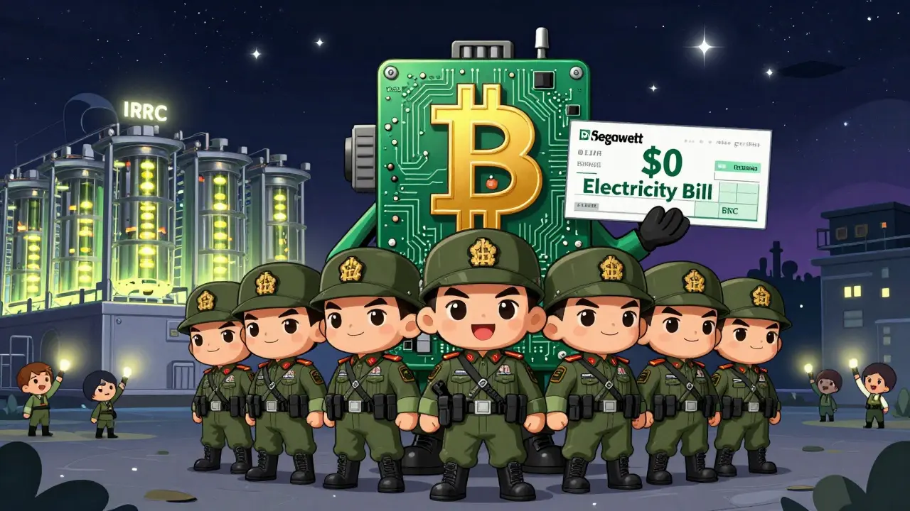 Chibi IRGC soldiers cheer beside giant Bitcoin mascot, mining farm behind, civilians in blackout.