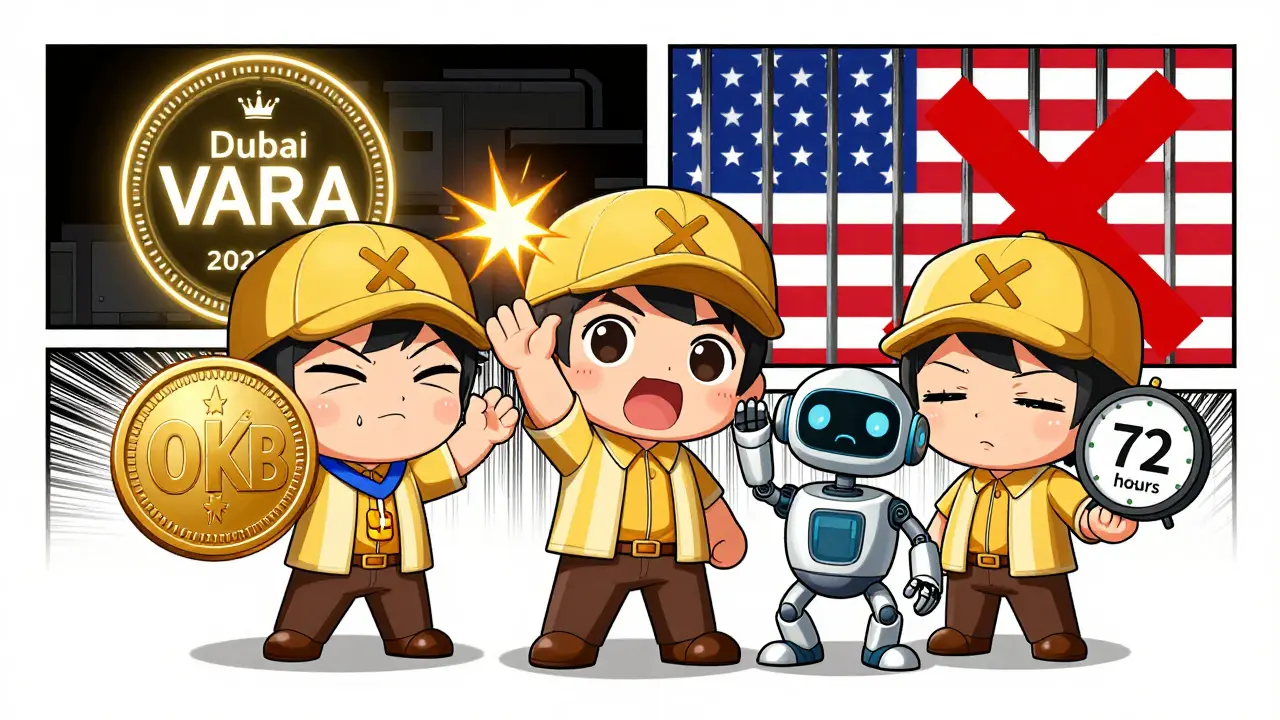 Chibi traders celebrating OKX features while one waits for slow customer support.