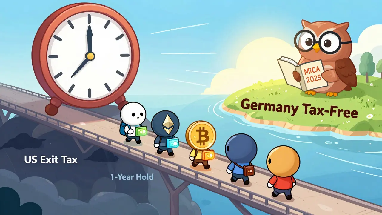 Chibi travelers crossing bridge from US exit tax to Germany tax-free island, clock and owl watching.