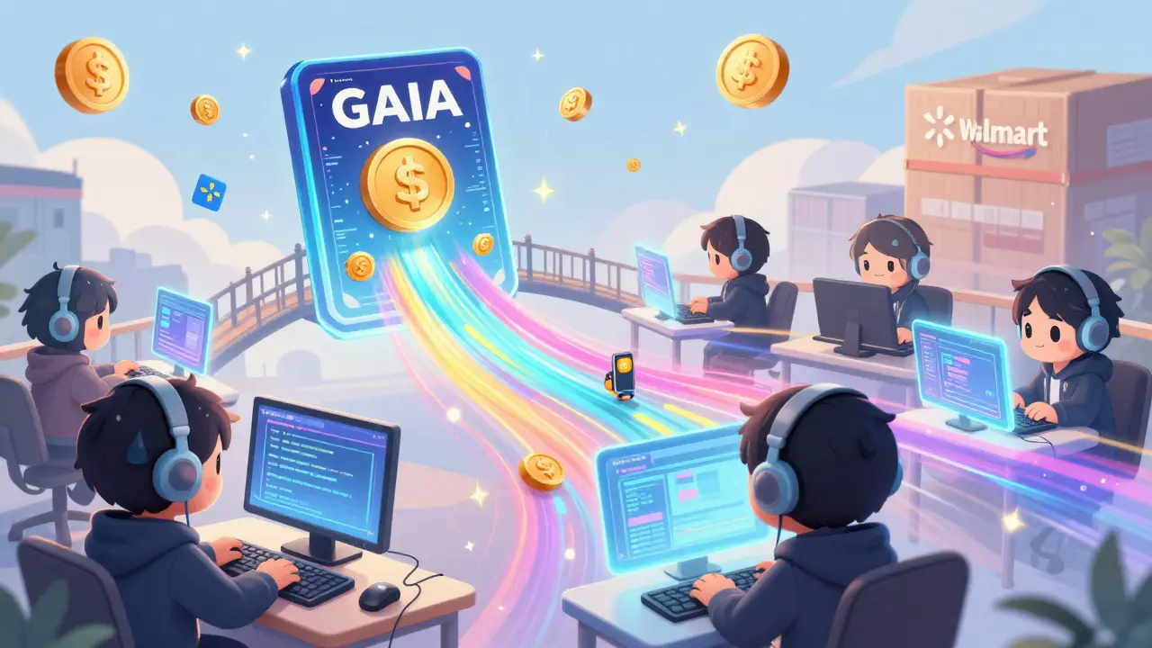 Cute developers deploying AI agents with holograms, while a GAIA Card bridge leads to real-world stores.