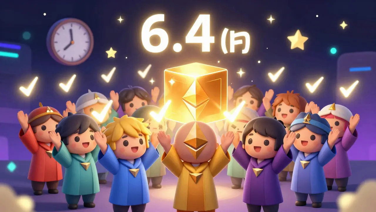 Cute Ethereum validators voting to finalize a block with glowing symbols and a timer showing 6.4 minutes.