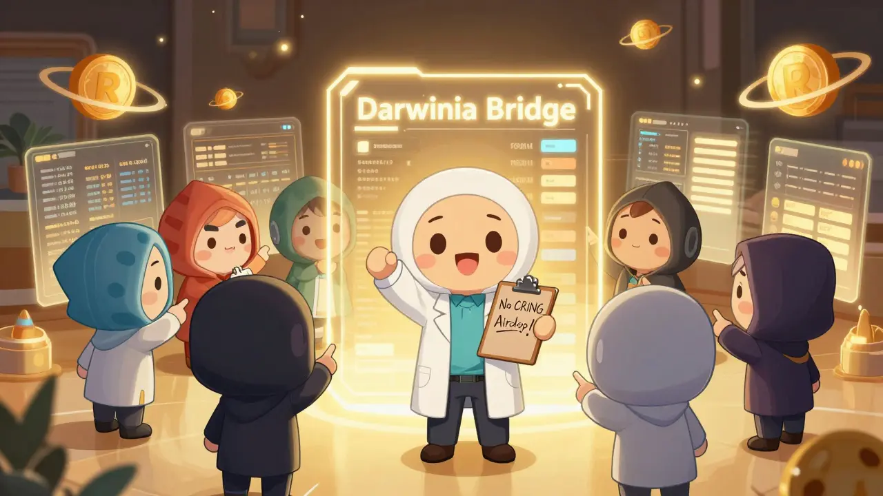 Cute hackers gathered around a Darwinia Bridge console with RING tokens floating nearby