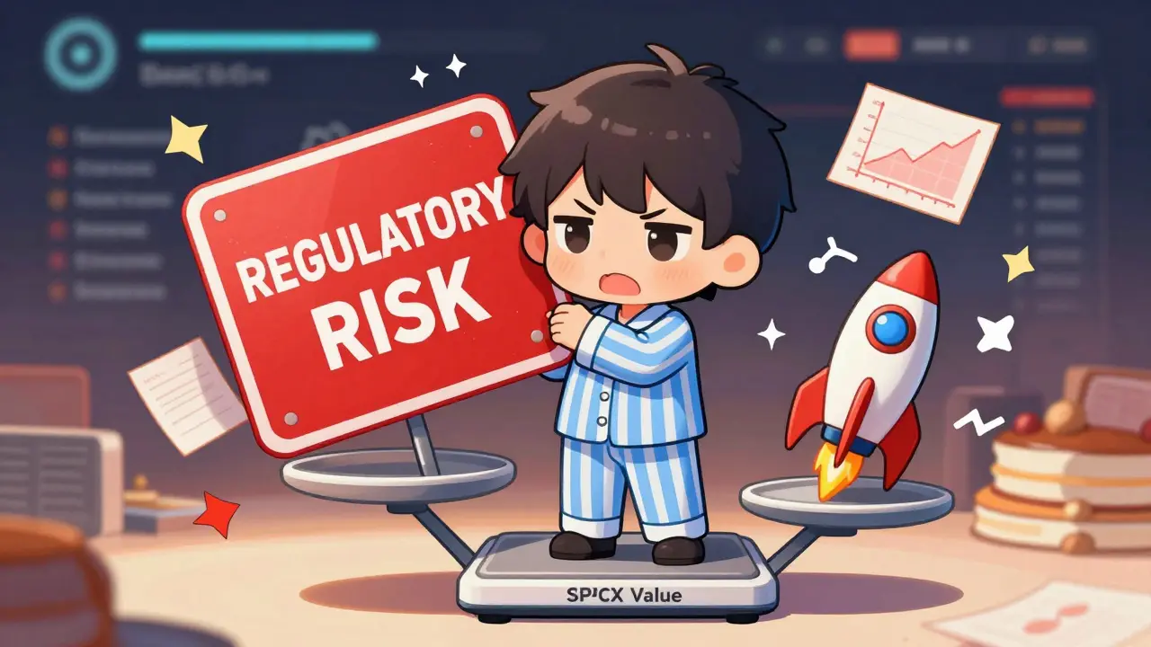 Cute investor on a wobbly scale with SPCX value, surrounded by conflicting financial graphs.