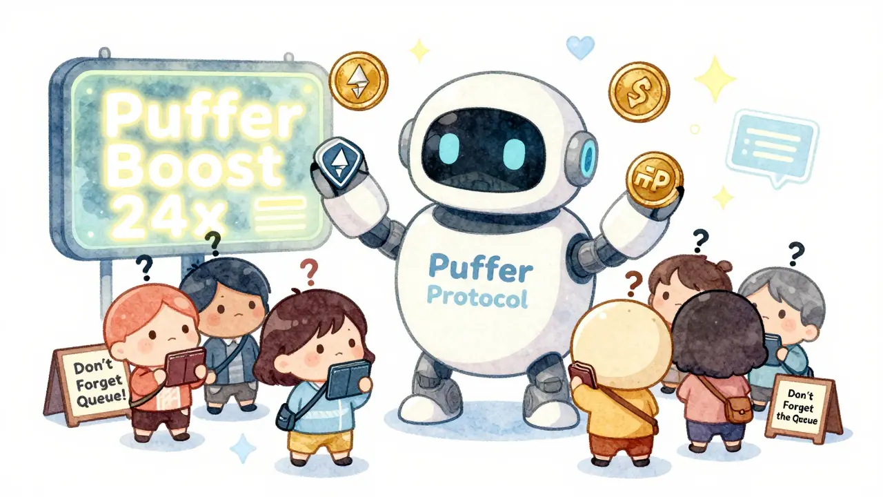 Cute users confused in front of a friendly Puffer robot juggling tokens and a 24x boost sign.