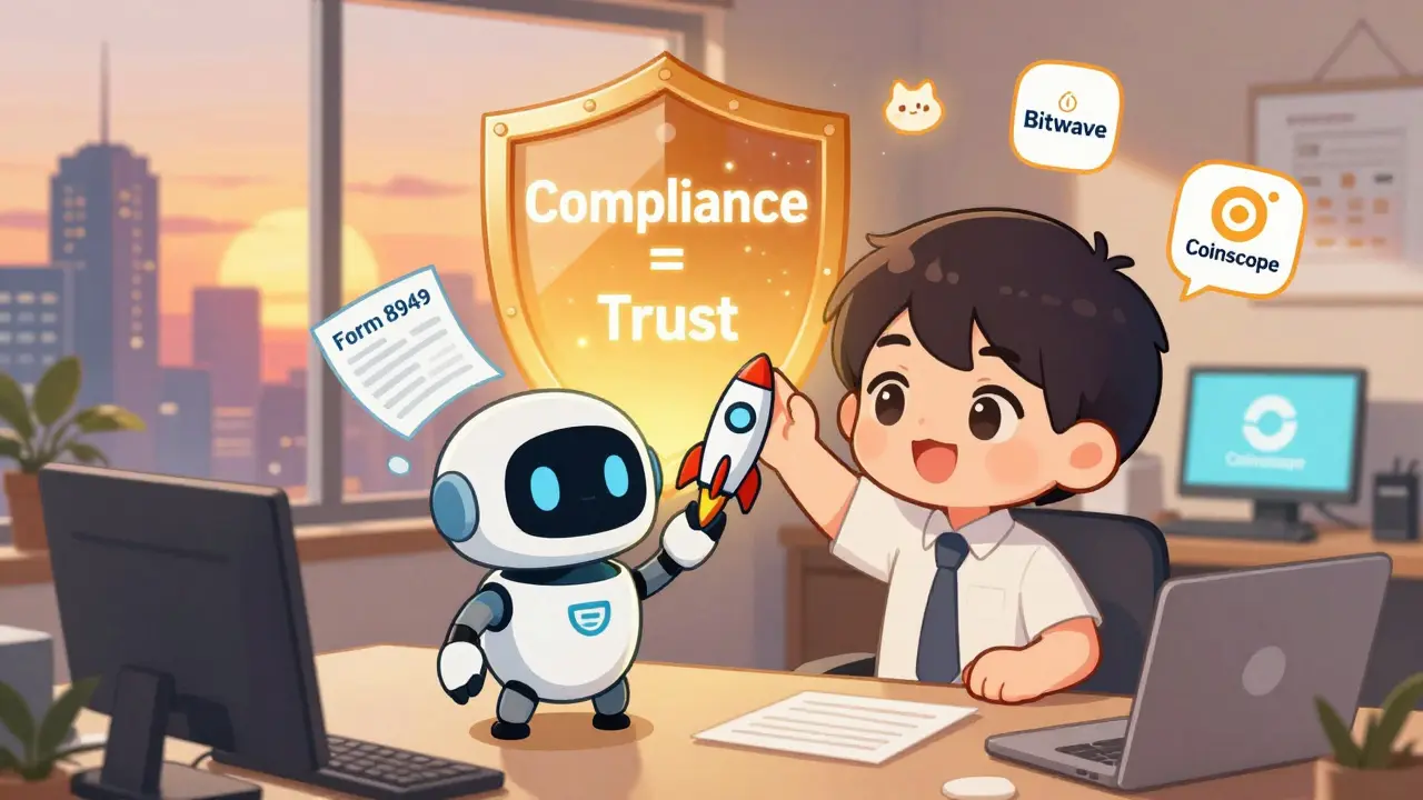 Entrepreneur high-fiving a tax robot as compliance shield glows behind them.