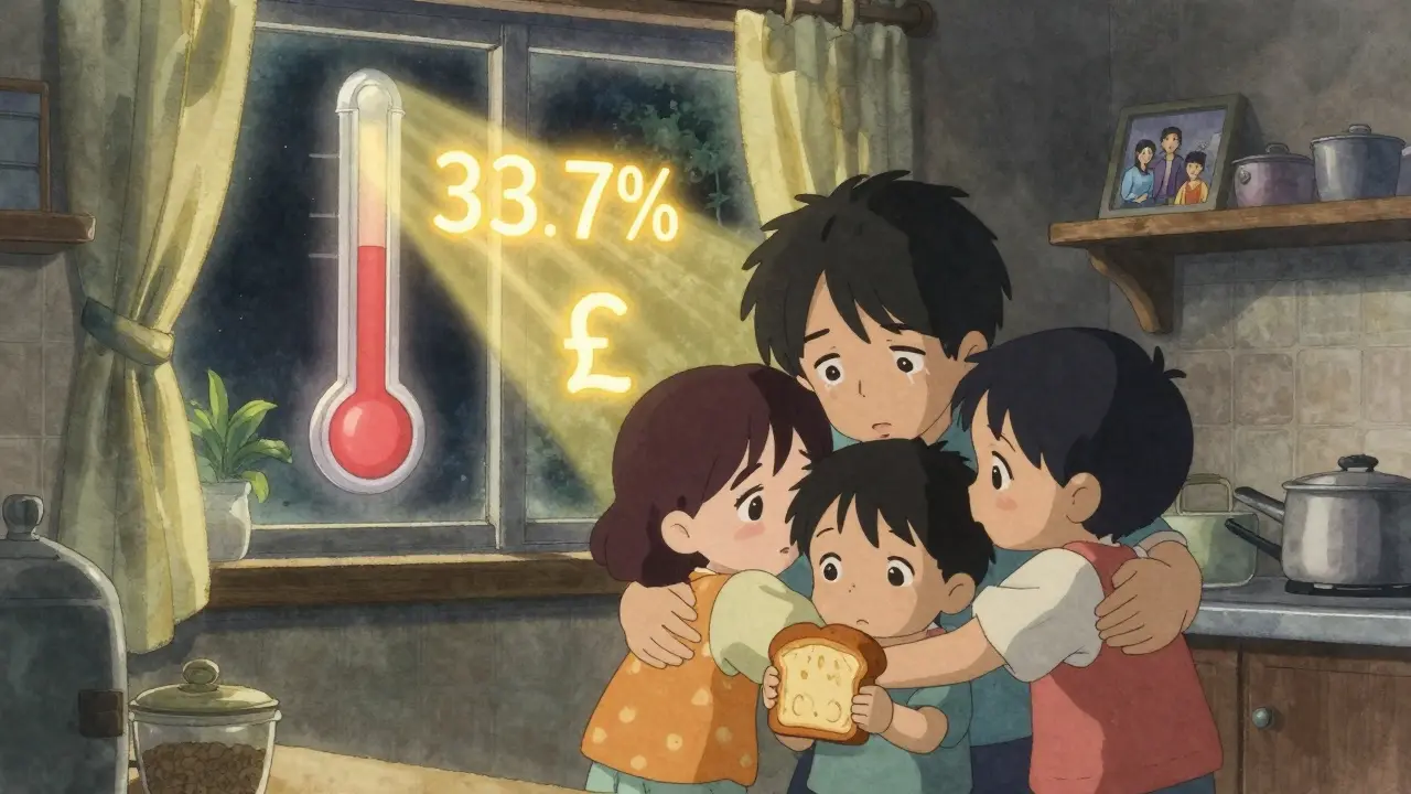 Family hugging in kitchen with crypto wallet shaped like bread, inflation thermometer glowing outside.