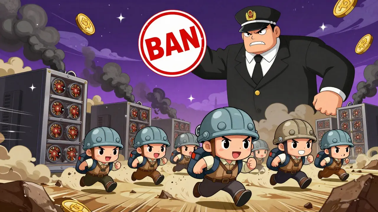 Fleeing miners escape a destroyed mining farm as a giant government official stamps 'BAN'.