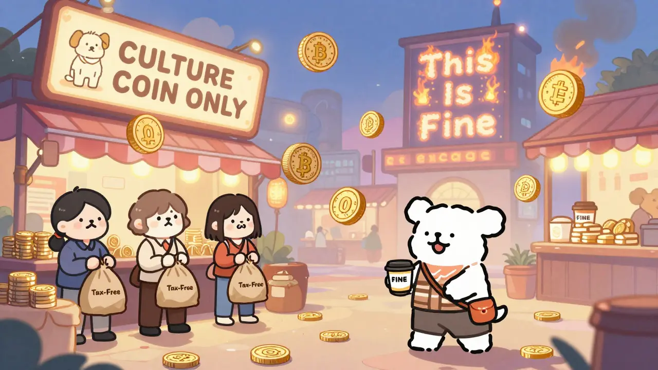 Floating FINE tokens in a neon marketplace with a burning exchange in the background.