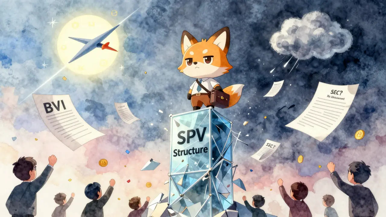 Fox mascot on a fragile tower of legal documents, with SpaceX dreams above and regulatory storms below.