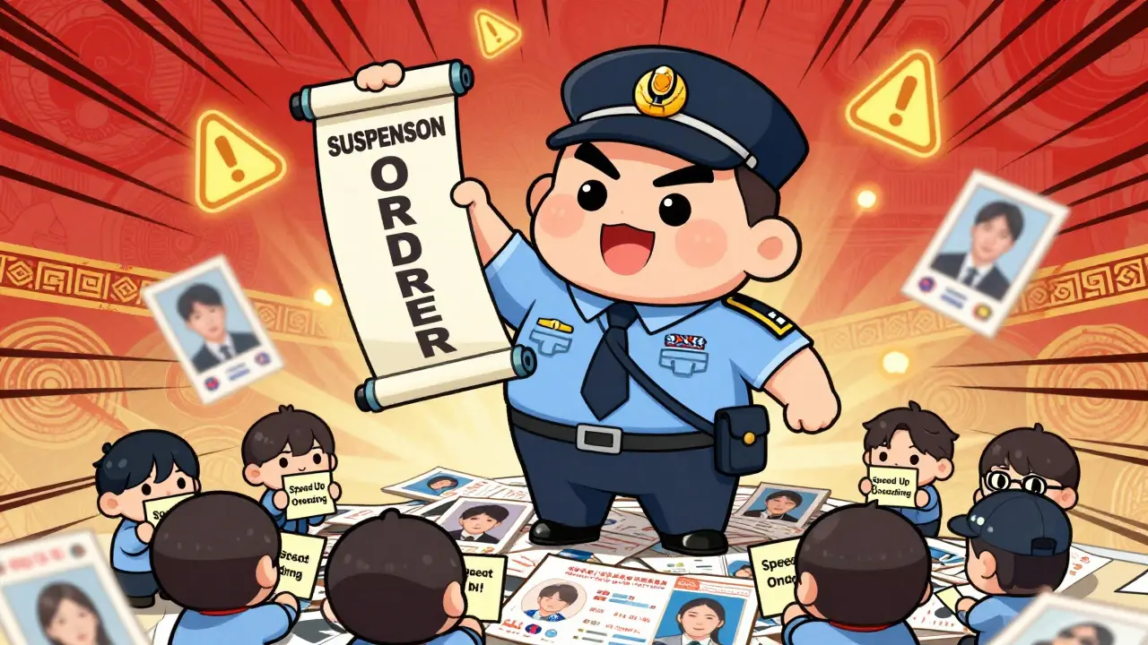 Giant regulator standing over cowering Upbit staff with discarded fake IDs at their feet.