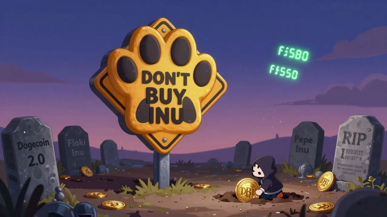 Giant warning sign in a graveyard of forgotten crypto tokens under twilight sky.