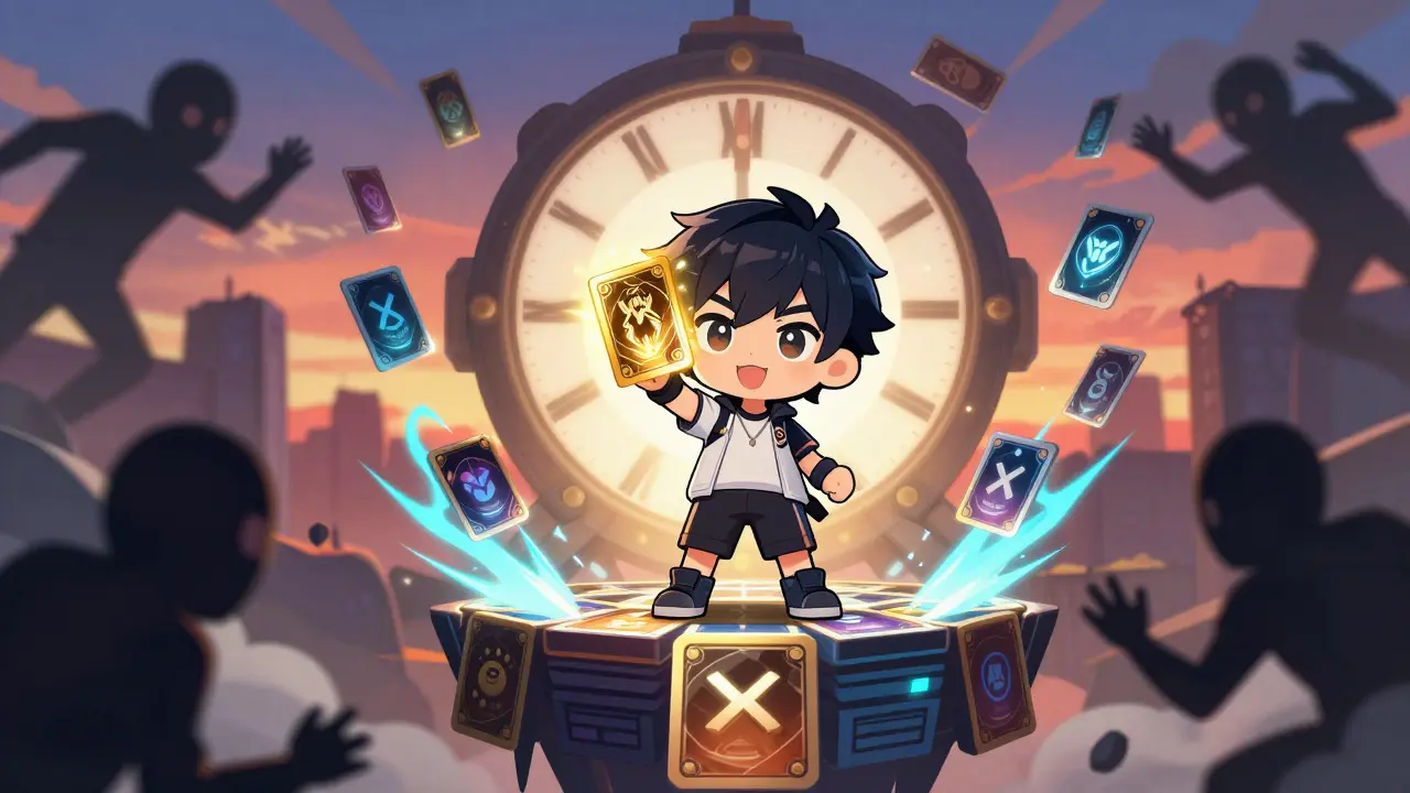 Heroic chibi character standing on stacked cards as an airdrop countdown glows behind them.