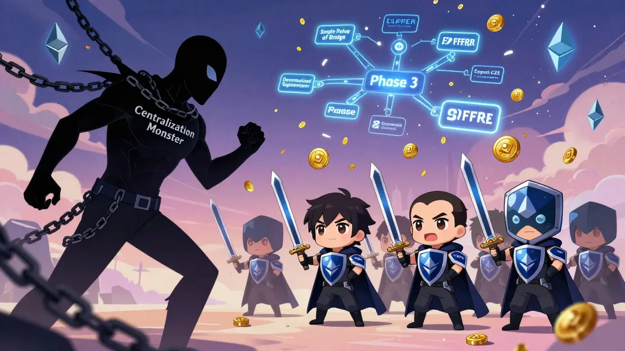 Heroic validators fighting a centralization monster with PUFFER tokens raining down.