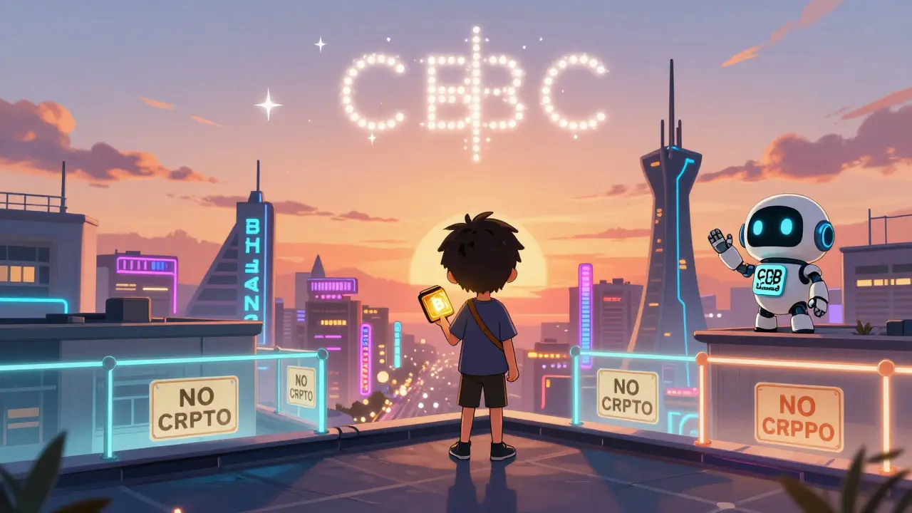 Person on rooftop holds crypto wallet as licensed exchanges glow below, banks barred by glowing barriers.