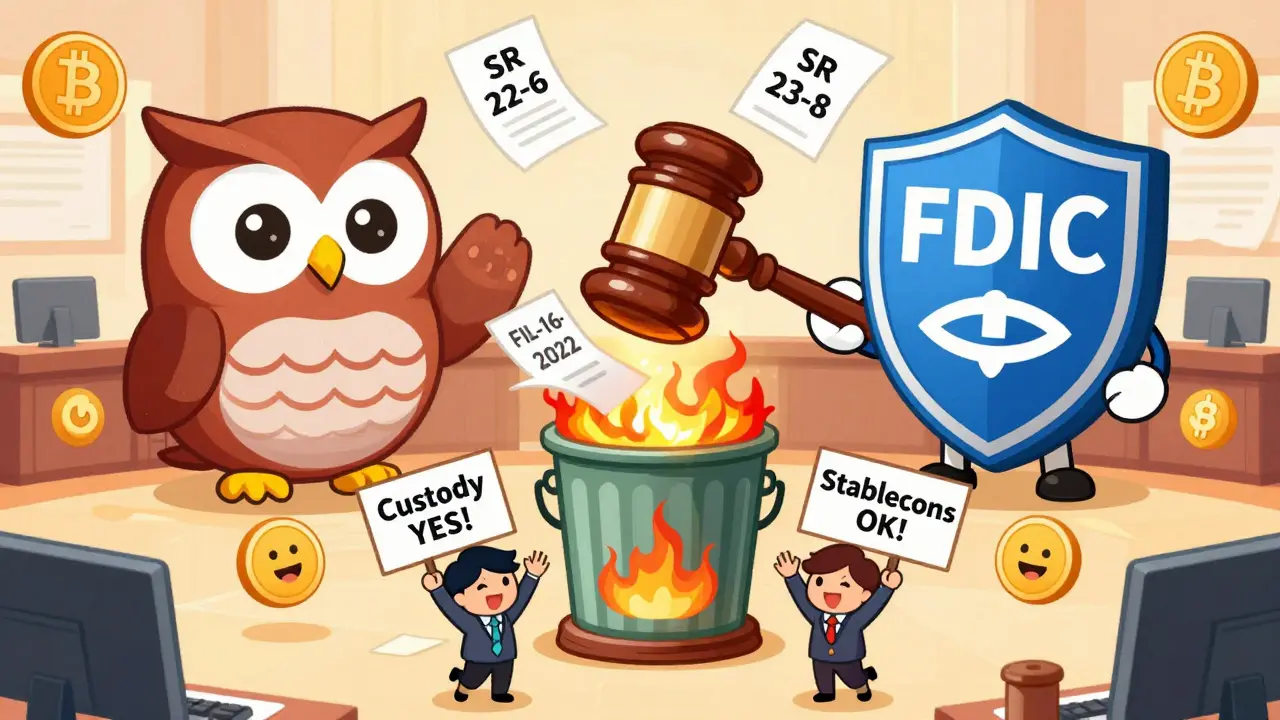 Regulatory icons tossing old crypto rules into a trash can as bankers celebrate.