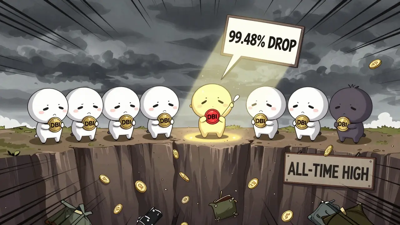 Sad anime characters on a cliff looking down at a pit of falling DBI tokens.