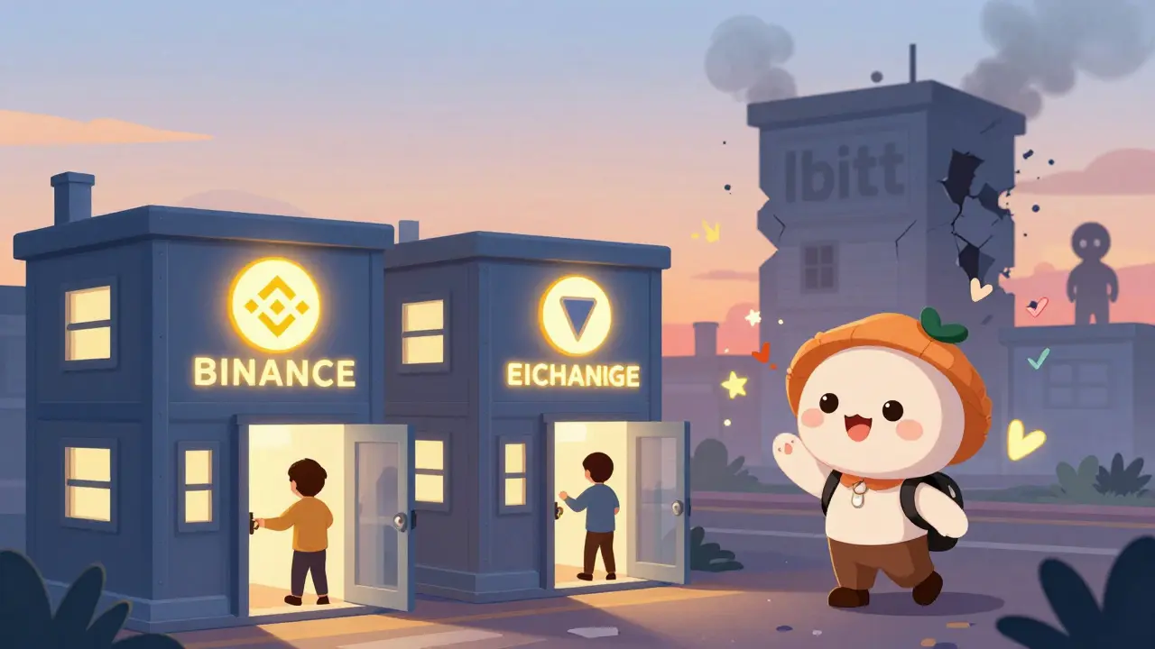 Safe crypto exchanges glowing brightly while a fake one fades into smoke.