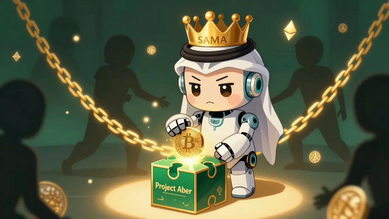 SAMA robot placing a digital riyal into Project Aber blockchain puzzle.