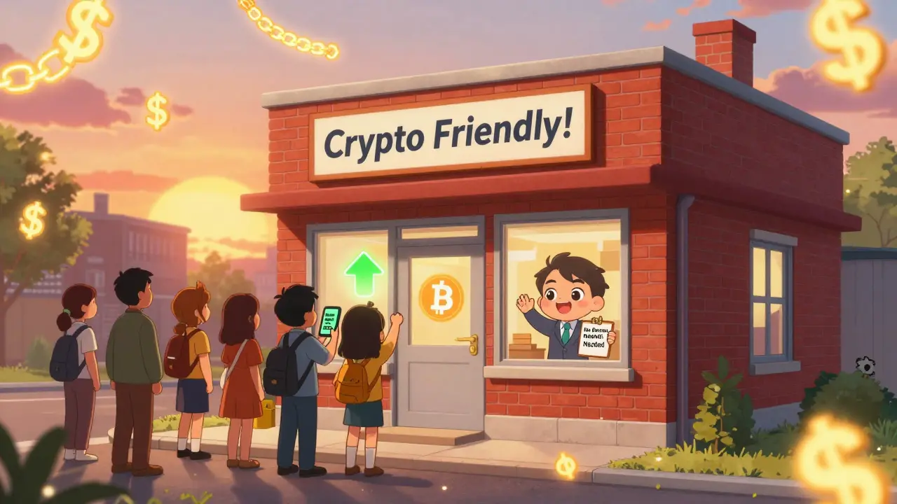 Small Ohio bank with customers buying crypto under a glowing sunset sky.