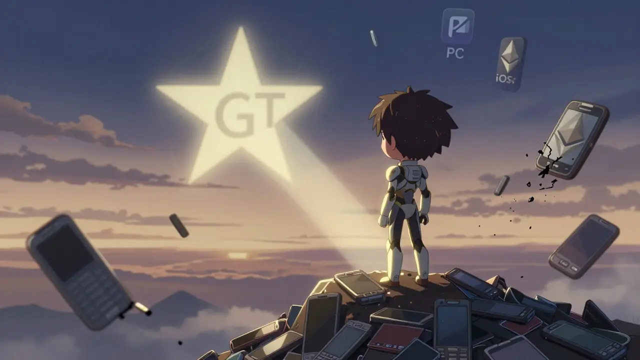 Solo player gazing at a fading HGT token symbol amid broken promises of PC and iOS versions.