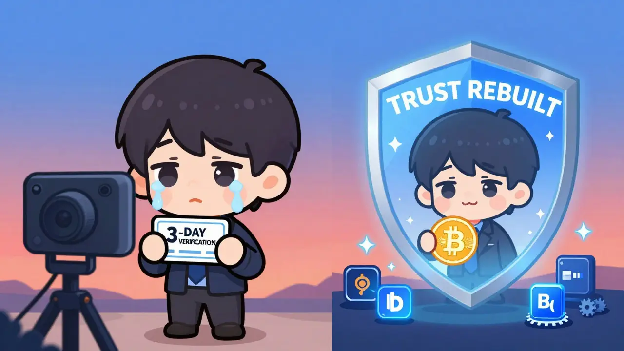 Split scene: frustrated user facing long verification vs. happy user trading safely under trust shield.