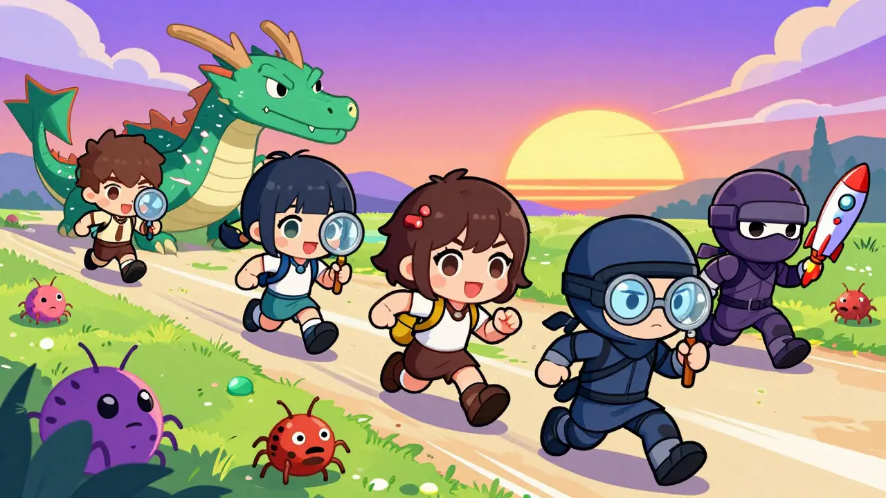 Team members racing to catch glitchy bugs in a colorful testnet scavenger hunt.