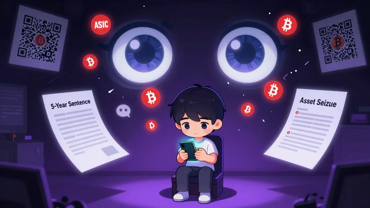 Teenager checks crypto wallet while AI eyes scan their messages with red warning icons.