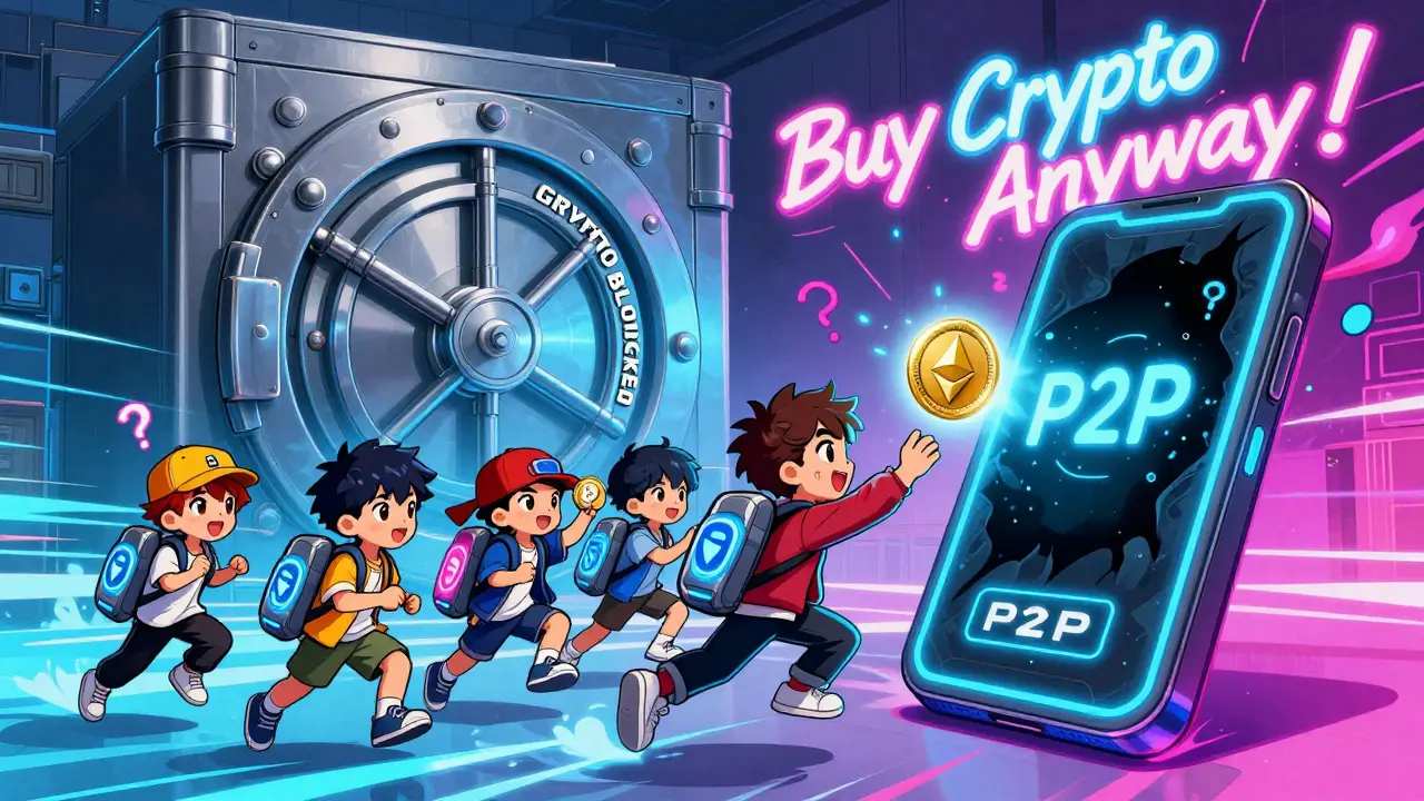 Teens flying with VPN jetpacks past a blocked bank vault, trading crypto secretly.