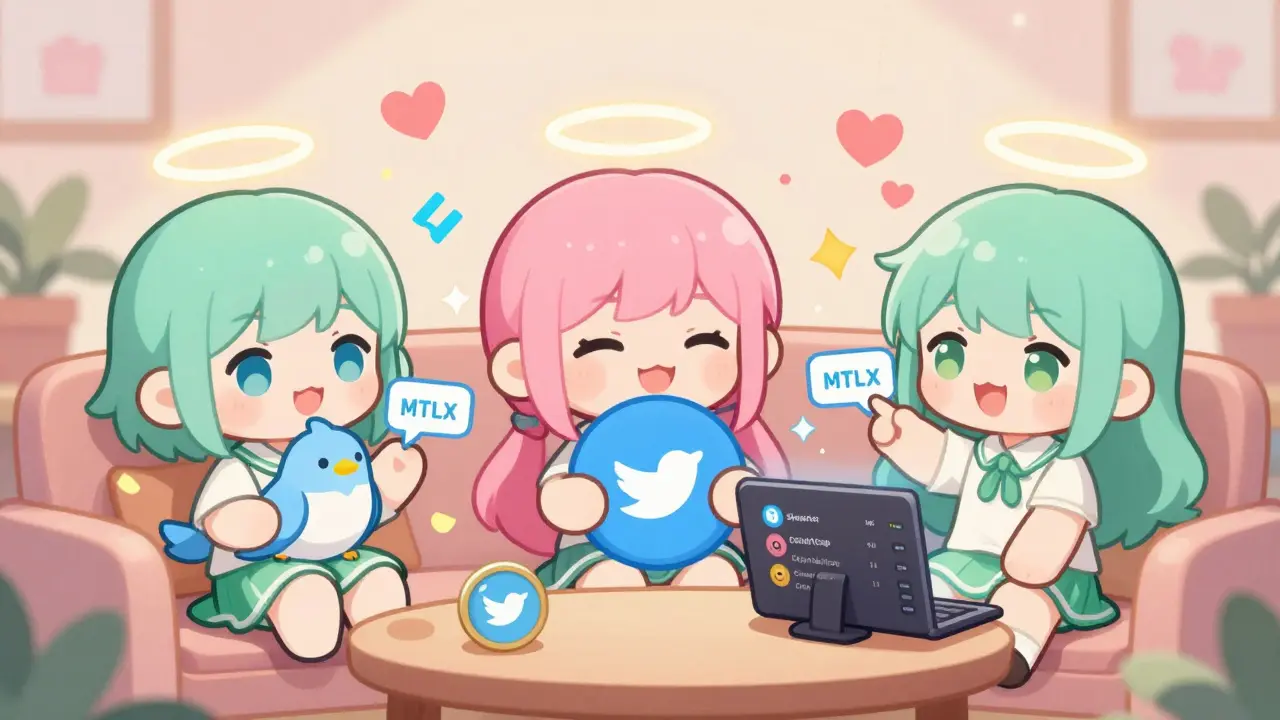 Three cute chibi users celebrate receiving MTLX tokens from Twitter, Telegram, and CoinMarketCap notifications.