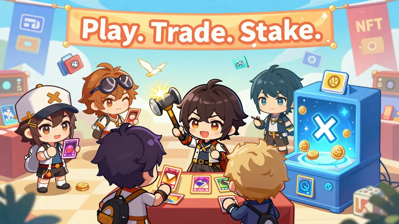 Tiny chibi players trading and upgrading NFTs at a colorful digital marketplace.