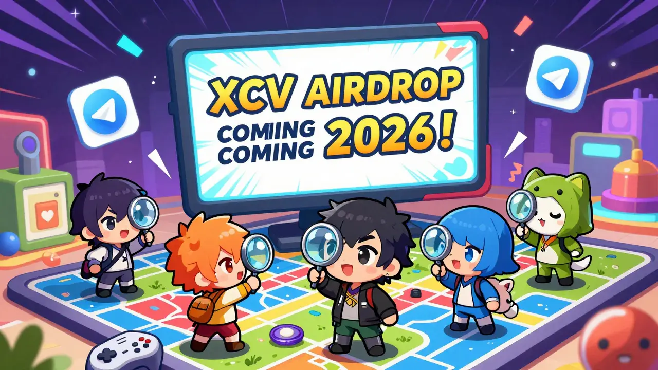 Tiny chibi users excitedly reading an XCV airdrop announcement while ignoring scam bots.