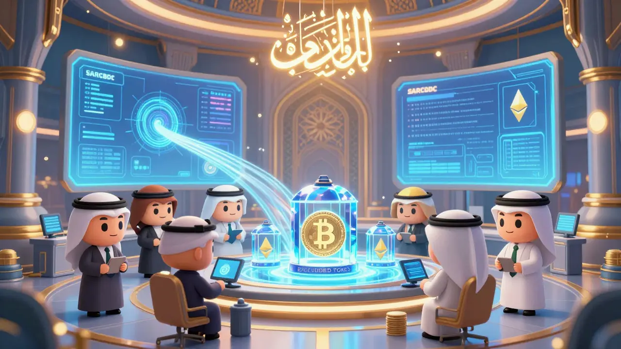 Tiny officials monitor state digital currency holograms while private crypto is locked in cages.