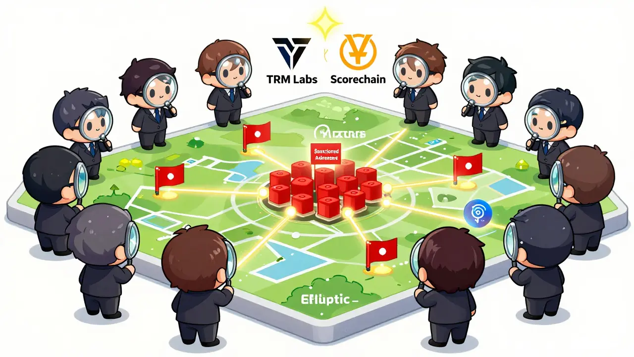 Tiny regulators analyzing a colorful blockchain map with flagged wallets and tracing lines.