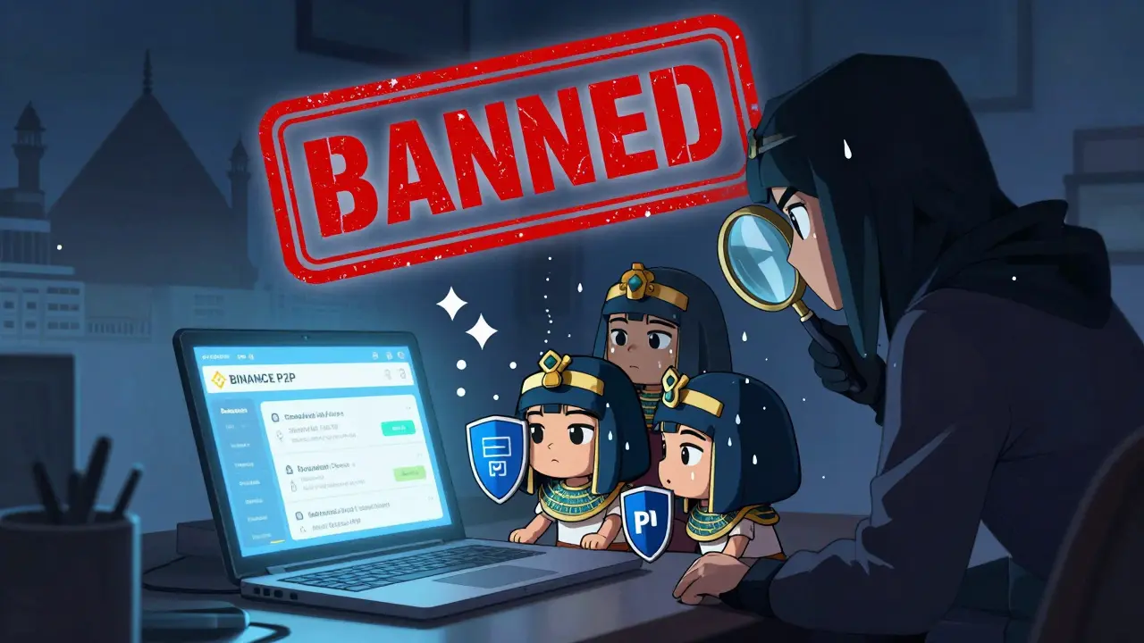 Tiny users on a laptop with fake IDs, surrounded by a giant 'BANNED' stamp and blockchain tracker.