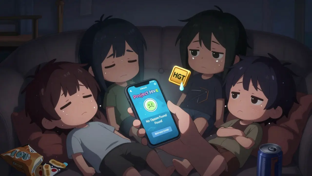 Tired players frustrated by no opponents in Project Hive, one with a sad token floating nearby.