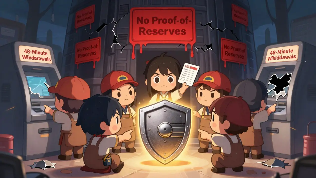 Traders protecting crypto with a hardware wallet while risky exchange looms behind