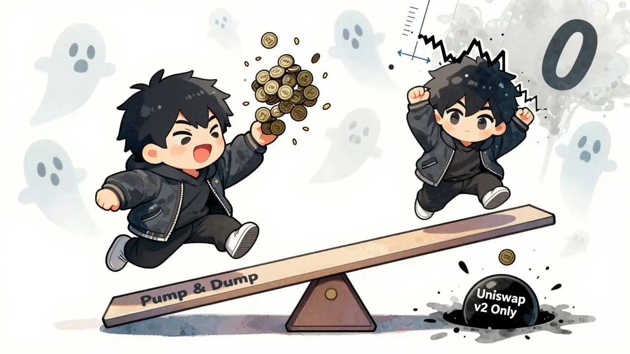 Two chibi speculators on a pump-and-dump seesaw as tokens turn to confetti.