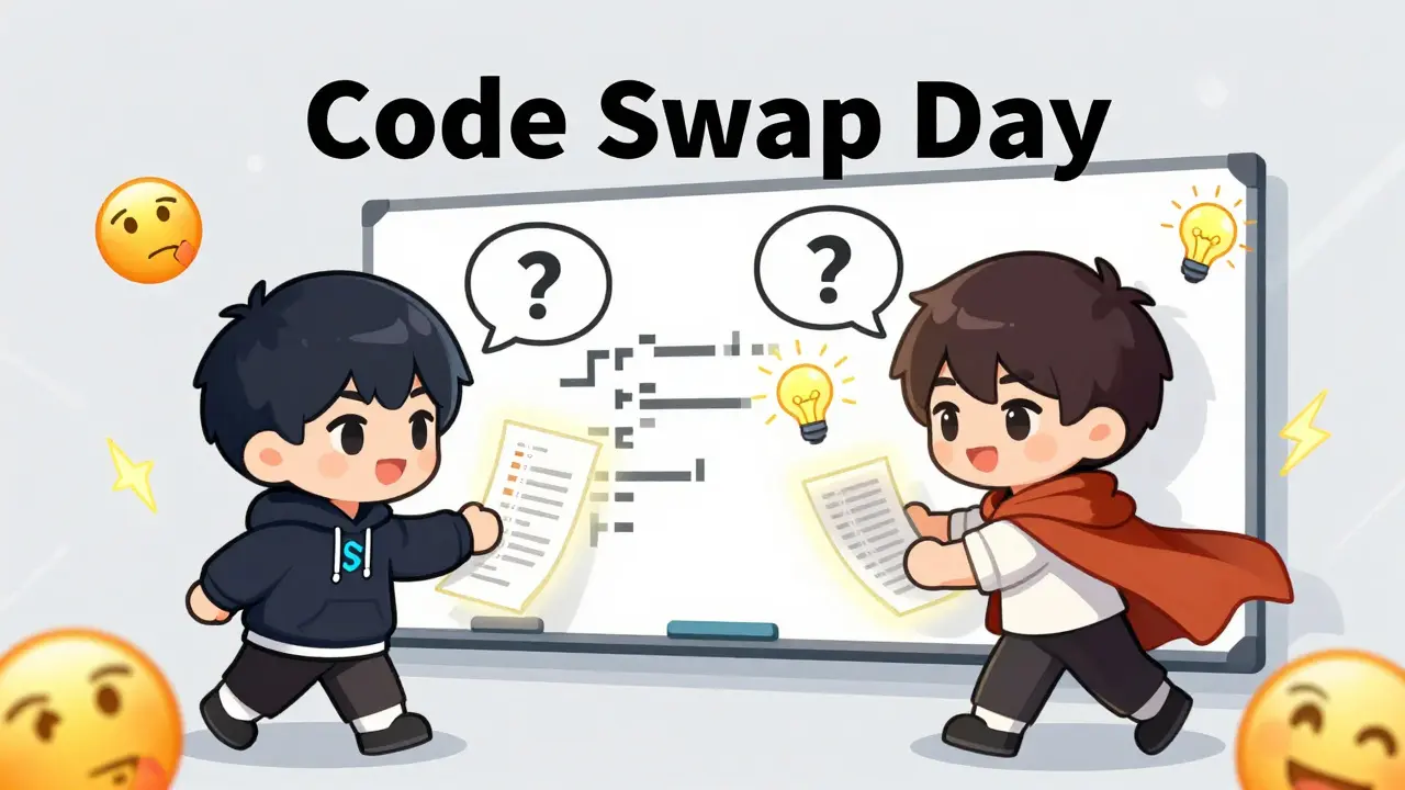 Two cute developers exchanging glowing code scrolls during a Code Swap Day.