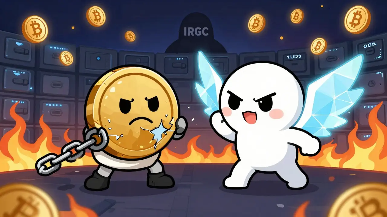 USDT defeated by DAI with polygon wings, IRGC figure watches as frozen wallets float nearby.