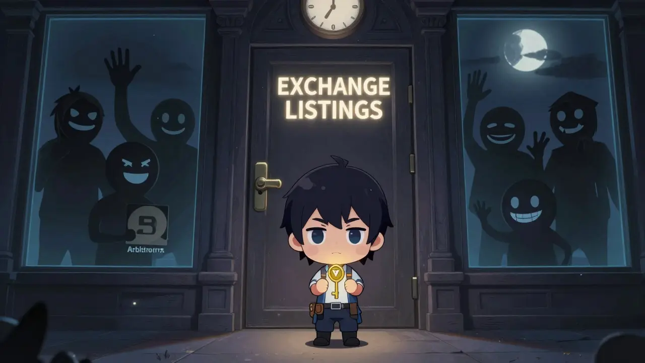 A chibi hero holding a VOW token before a locked exchange door while other crypto projects watch from afar.