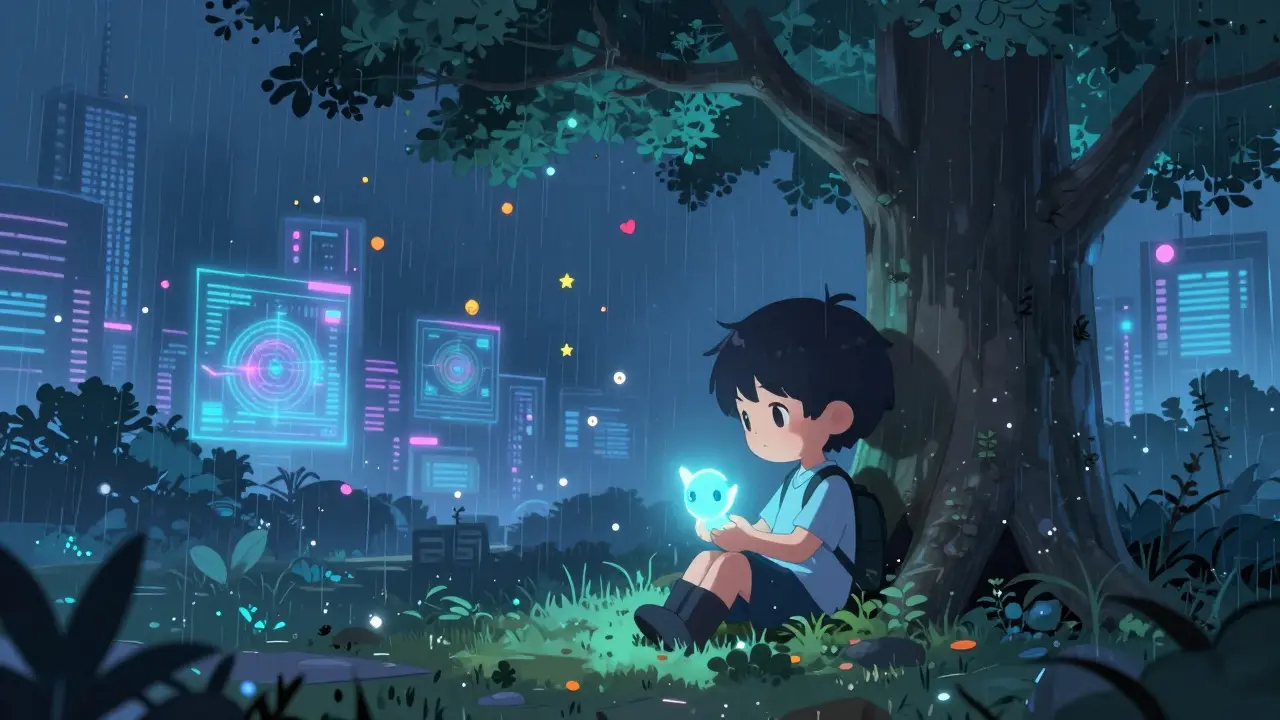 A lonely chibi figure holding a fading Polqueen NFT in a quiet, overgrown digital garden.