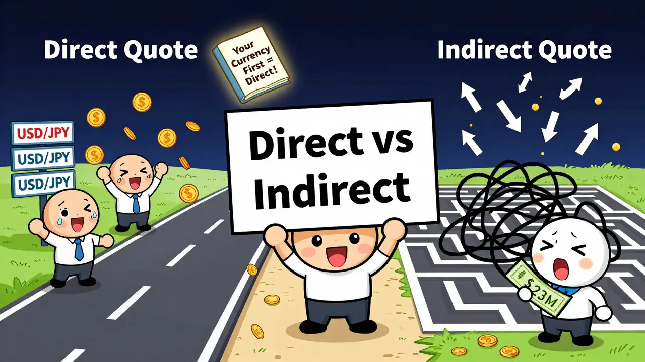 Anime mascot explaining direct vs indirect trading pairs with a branching path