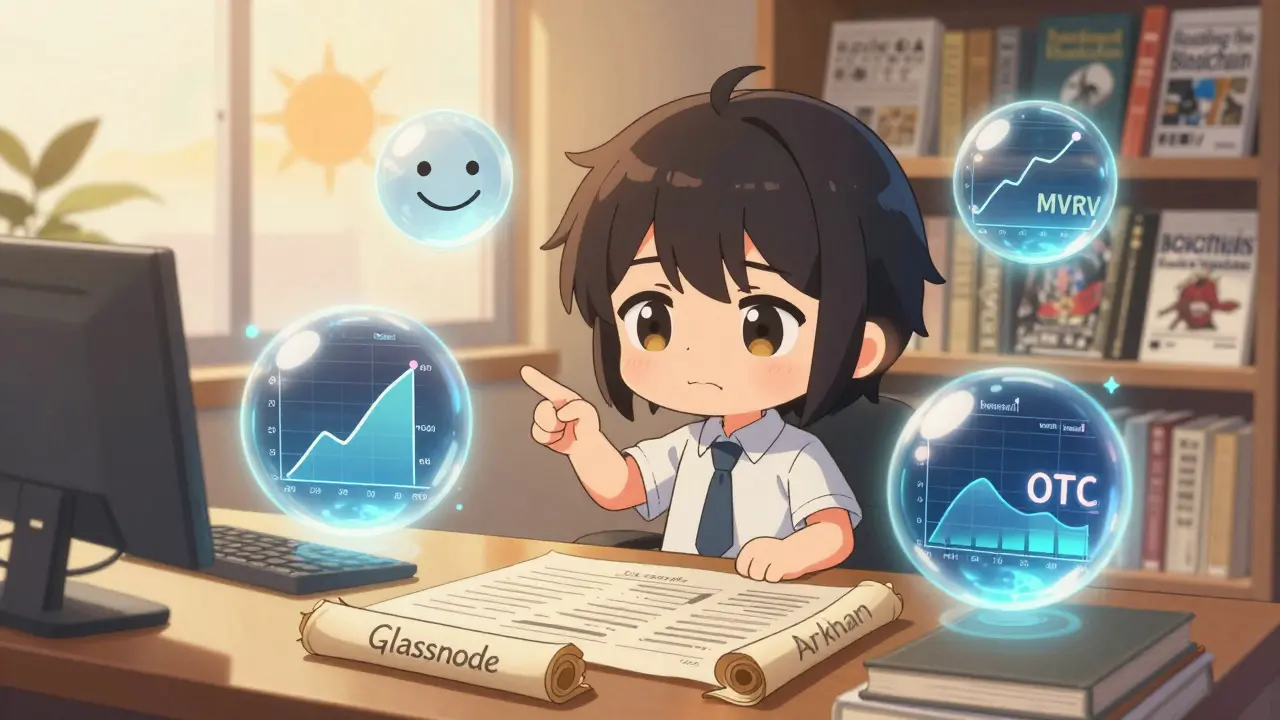 Chibi analyst surrounded by AI orbs and blockchain data scrolls