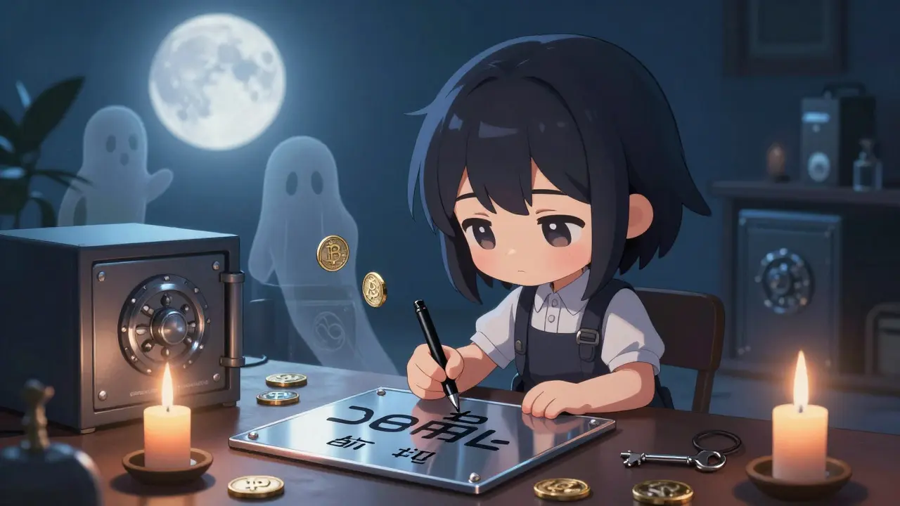 Chibi person safely engraving seed phrase on metal plate, ghostly coins fading away in moonlit room.