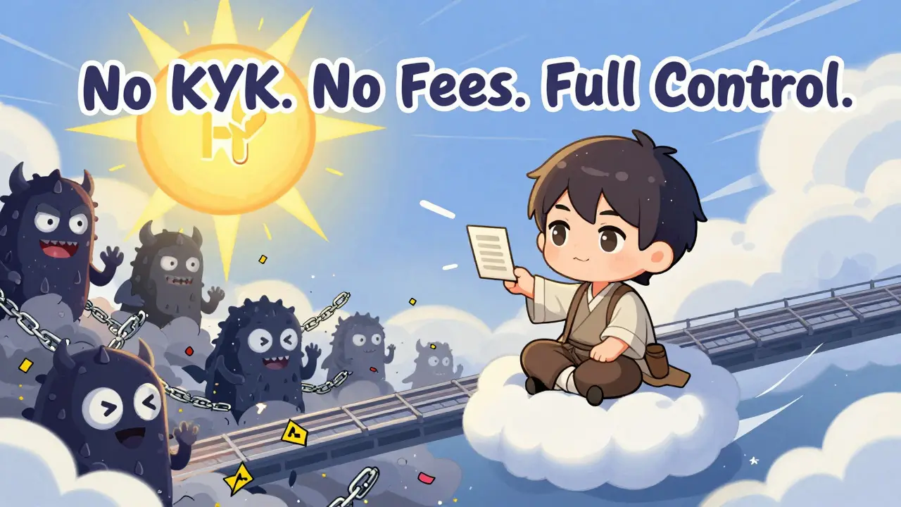 Chibi trader on a bridge cloud as centralized exchange monsters dissolve into confetti.