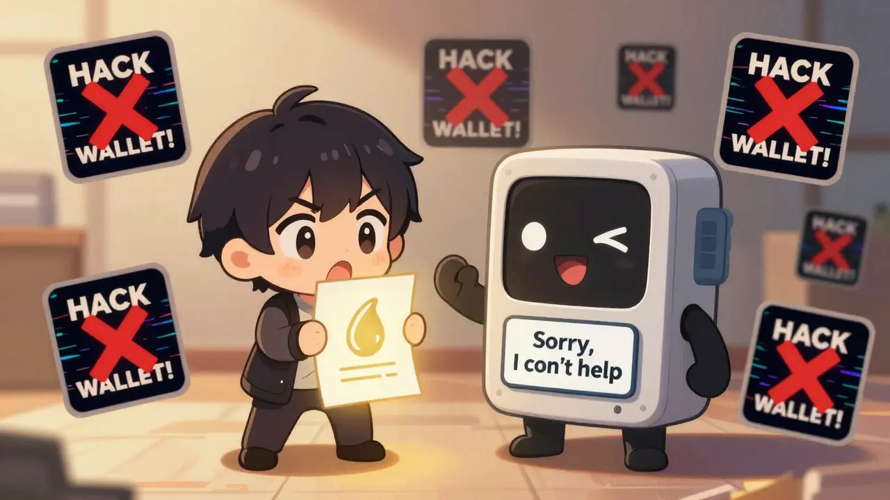 Chibi user begs a hardware wallet for help while scam ads flash around them, but the wallet turns away.