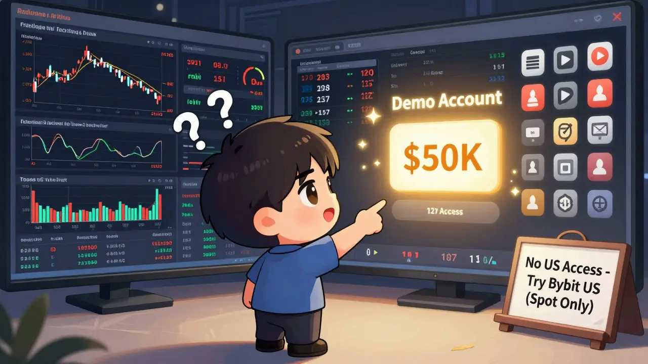 Confused beginner facing complex trading interface, guided by mentor to demo account with K virtual funds.