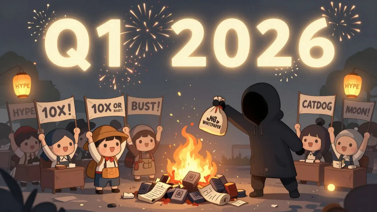 Crowd of excited traders watching a mysterious figure burn a roadmap labeled 'Q1 2026'.