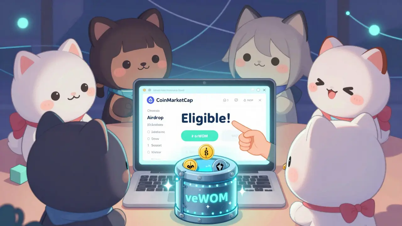 Cute chibi users checking CoinMarketCap airdrop eligibility with a Wombat mascot nearby.
